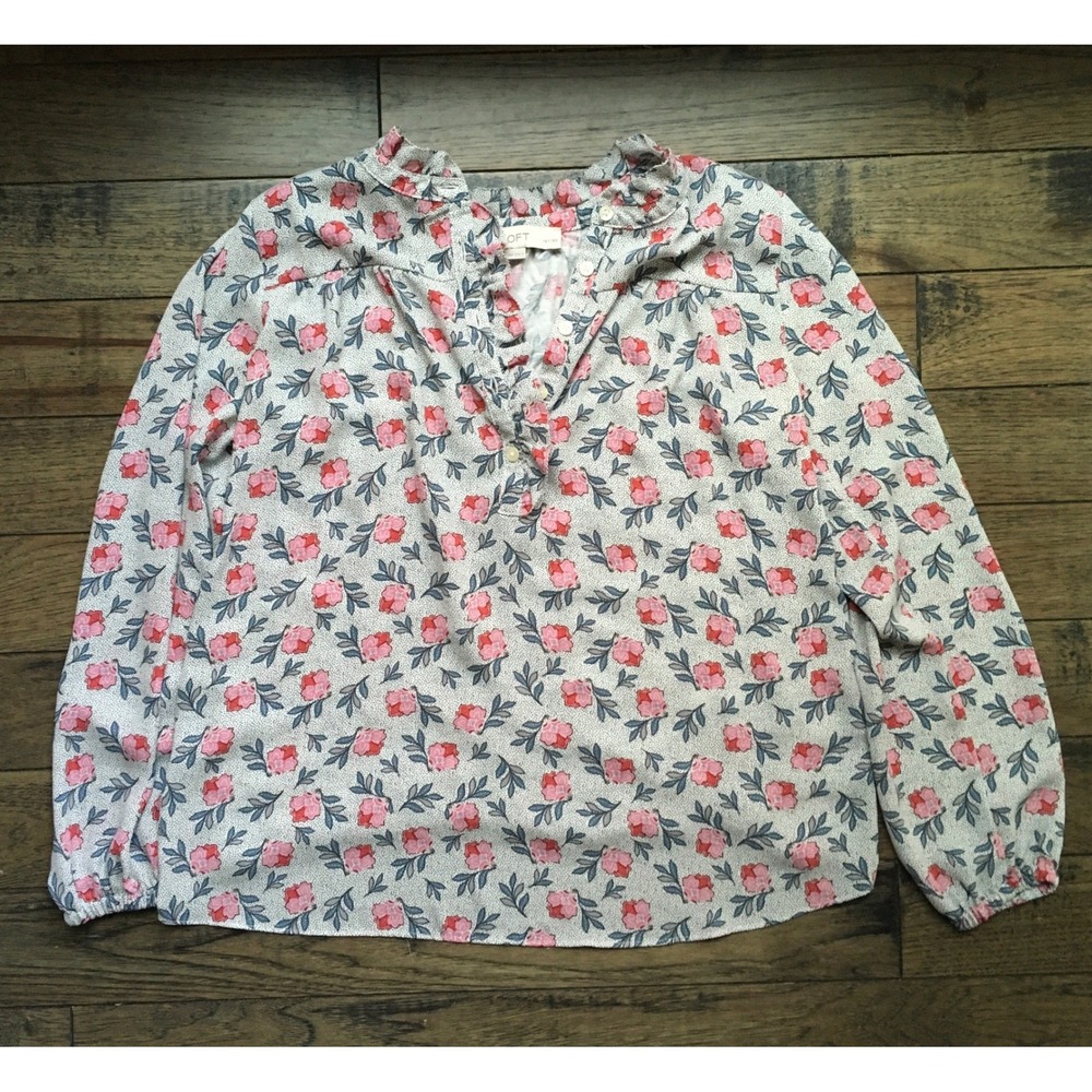 LOFT Petites Floral Ruffle Neck Blouse White Pink Long Sleeve Top XSP